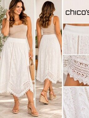 Chico’s White Eyelet Lace Midi Skirt — Size 2 (L/12–14)